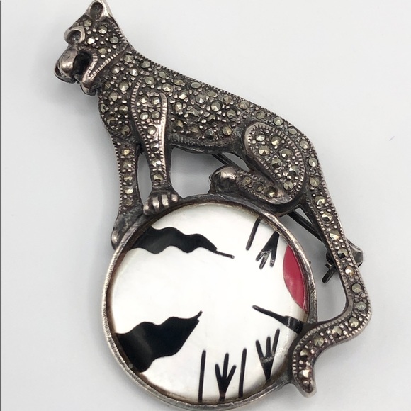 Antique Sterling Jaguar Panther MOP Brooch Pin